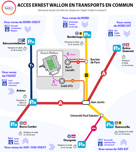 Plan d'accès au stade Ernest Wallon en Transports en Commun