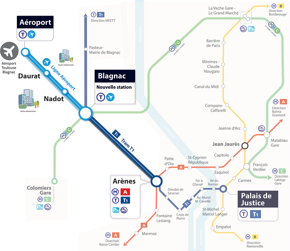Plan de la future Ligne Aéroport : stations "Aéroport", "Daurat", "Nadot" et "Blagnac" avec la correspodnance avec la ligne T1 pour rejoindre MEETT ou Palais de Justice